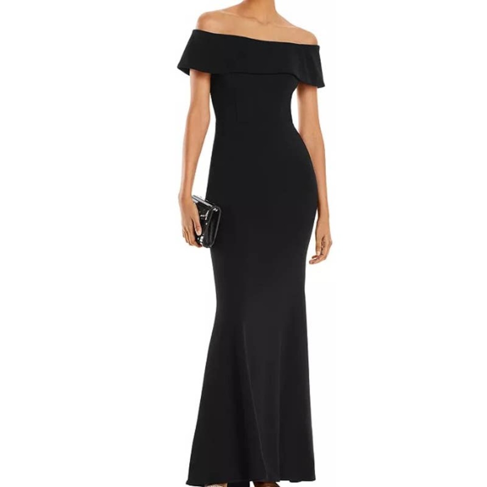 AQUA sz 10 black off the shoulder gathered zipper crepe dress gown NWT B88